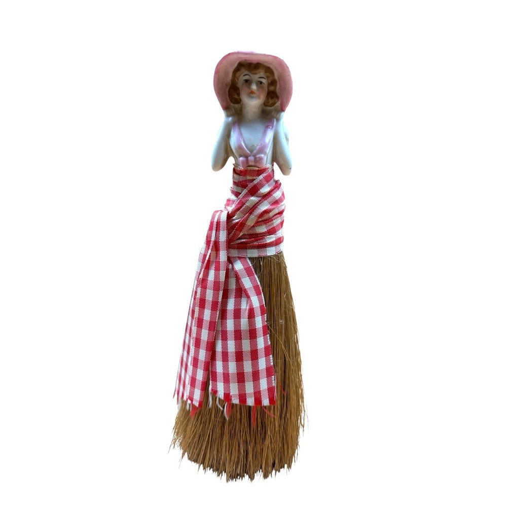 Vintage Porcelain Lady Half Doll‎ Whisk Vanity Table Brush Broom  c. 1920s-30s